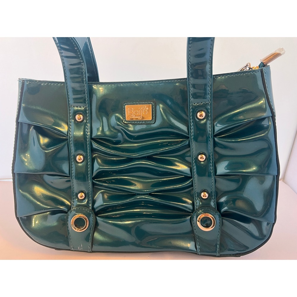 Beijo Classic Electric Blue Patent Pleated Shoulder Bag Silver Hardware Handbag